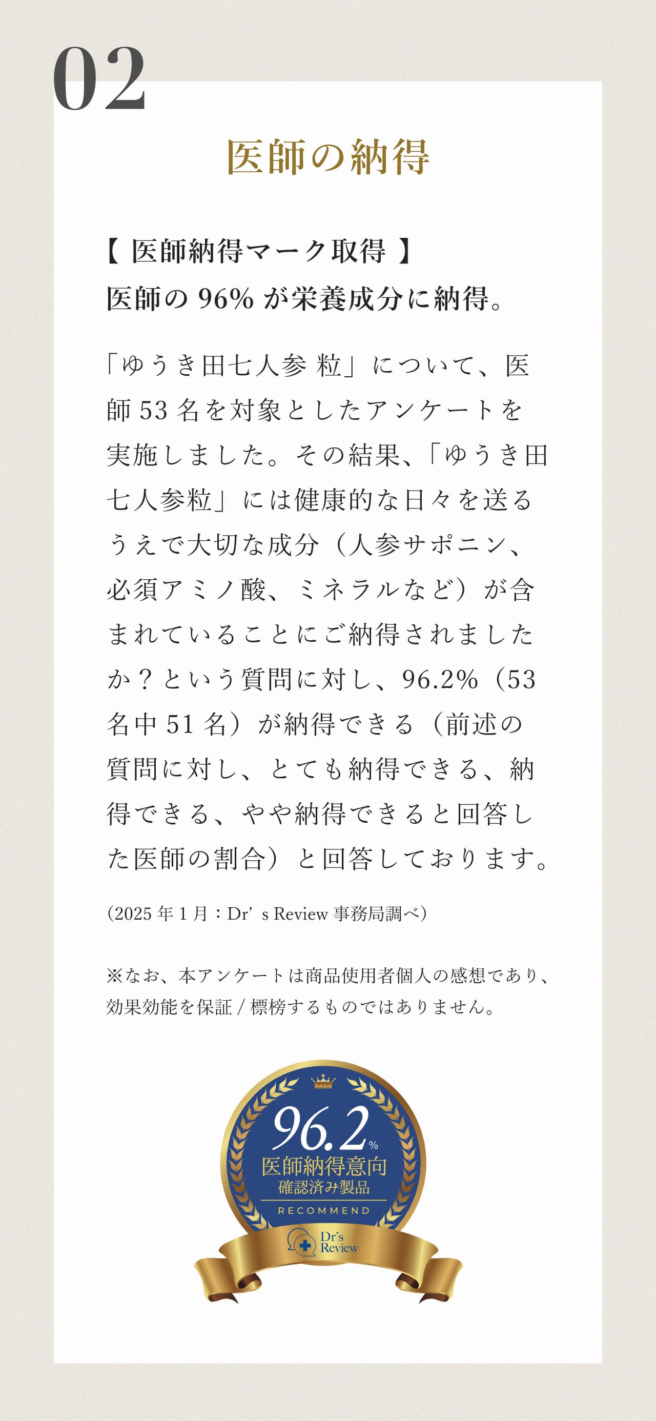 【医師納得マーク取得】　医師の96%が栄養成分に納得。